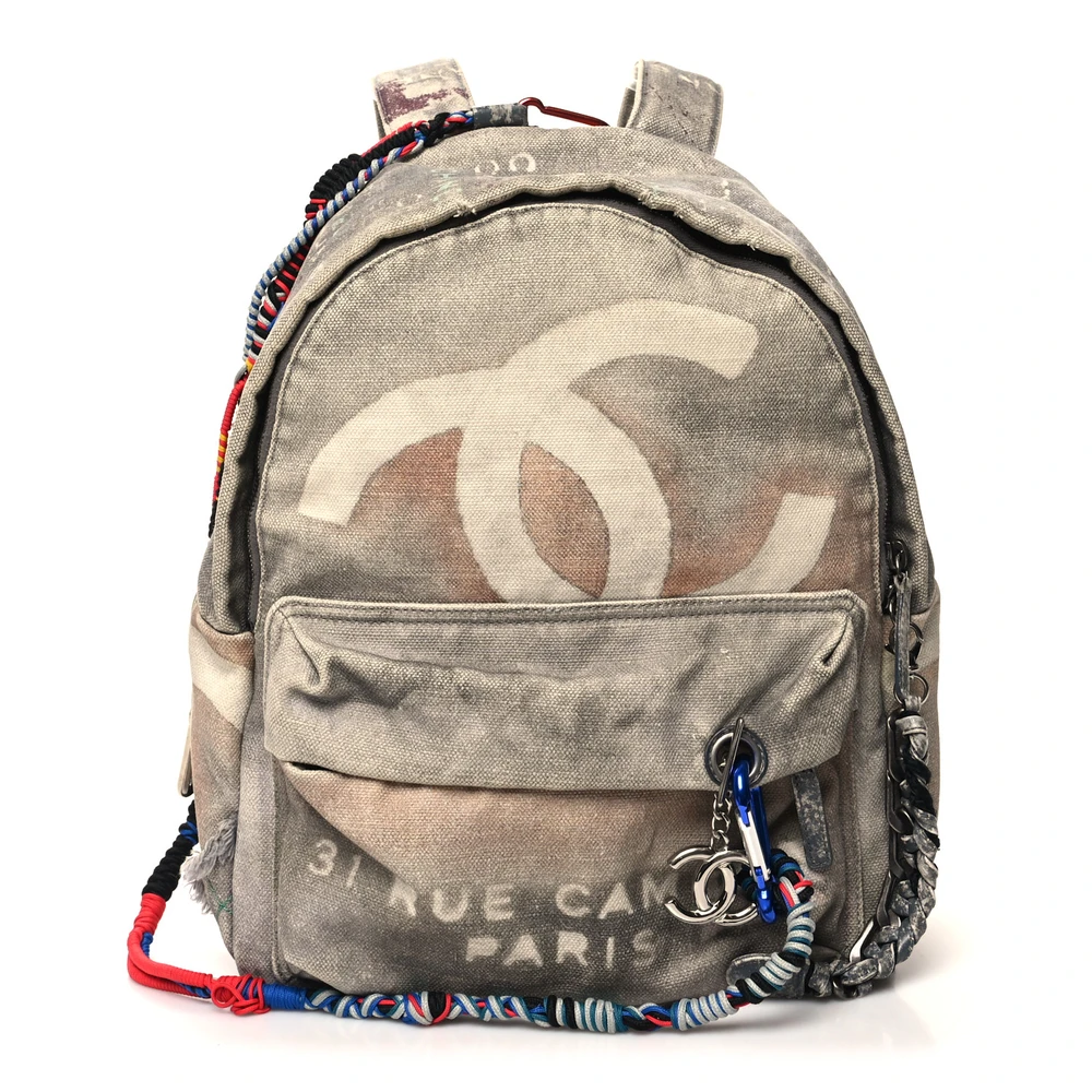 Lushentic Chanel Backpack Medium Grey Graffiti Printed Canvas Silver Hardware Front