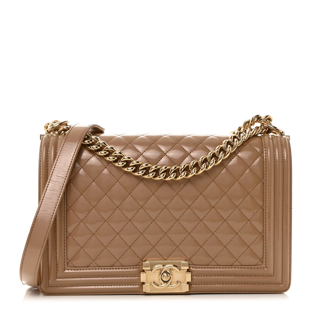 Lushentic Chanel Boy Flap New Medium Dark Beige Quilted Glazed Calfskin Leather Gold Hardware Front