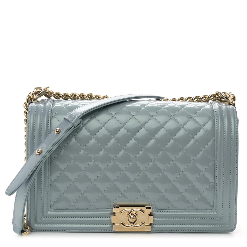 Lushentic Chanel Boy Flap New Medium Light Blue Quilted Glazed Calfskin Leather Gold Hardware Front