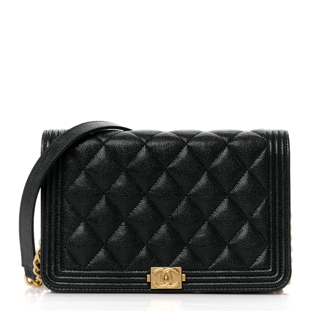 Lushentic Chanel Boy Wallet On Chain (WOC) Small Black Quilted Caviar Leather Aged Gold Hardware Front