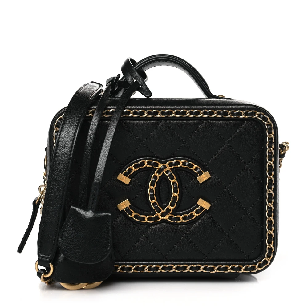 Lushentic Chanel CC Filigree Vanity Case Small Black Quilted Goatskin Leather Gold Hardware Front