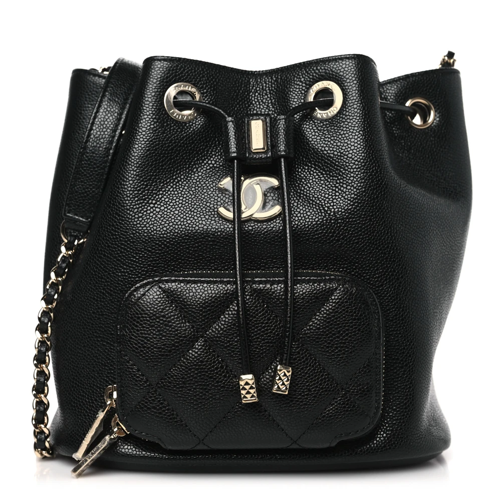 Lushentic Chanel CC Pocket Bucket Bag Mini Black Quilted Caviar Leather Light Gold Hardware Front