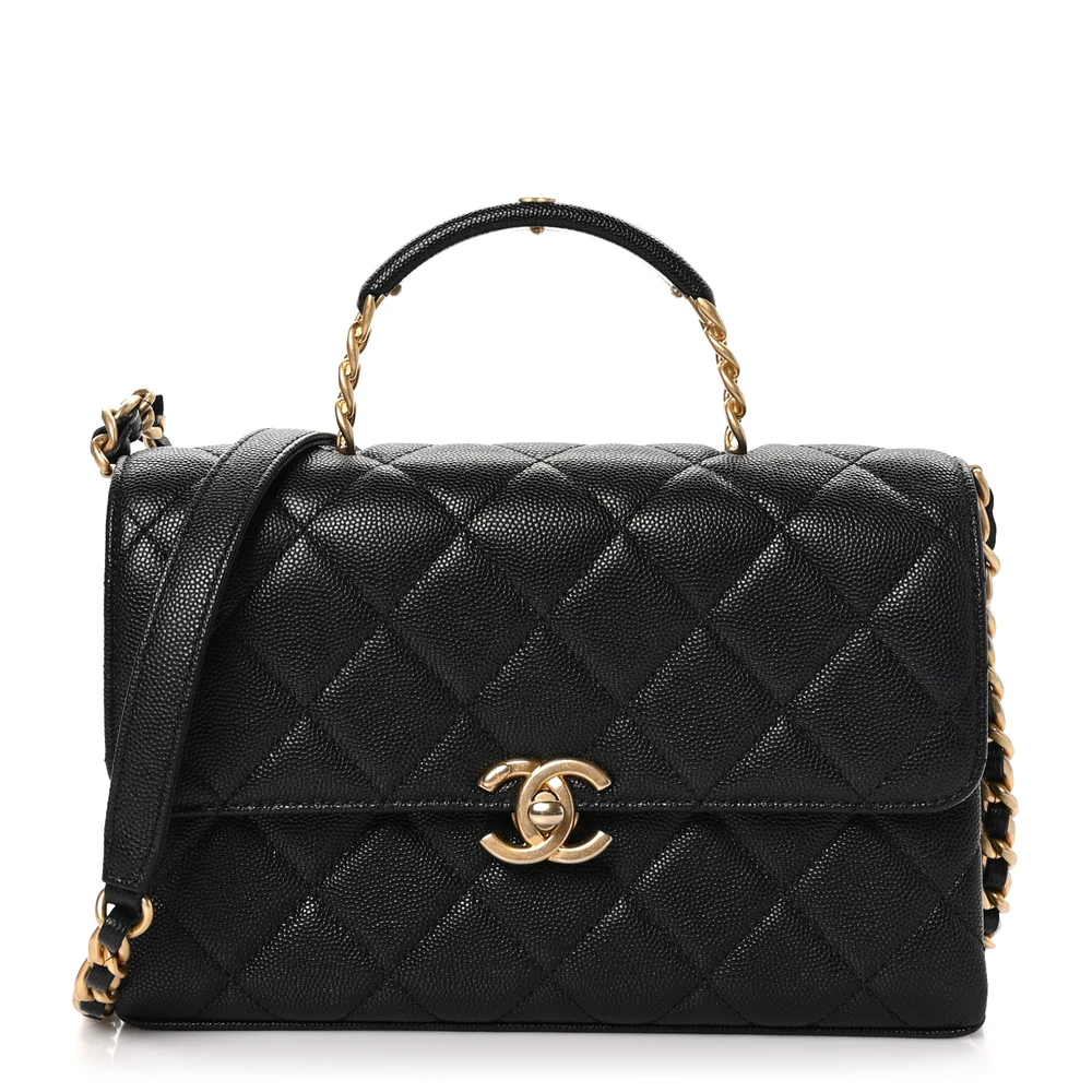 Lushentic Chanel Carry Me Top Handle Flap Medium Black Quilted Caviar Leather Aged Gold Hardware Front