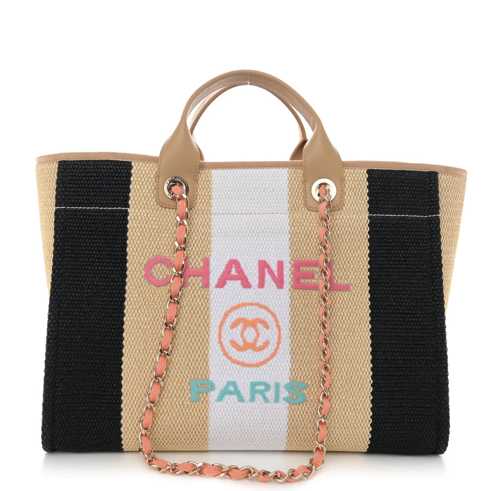 Lushentic Chanel Deauville Tote Medium BlackBeigeIvory Striped Straw Raffia Calfskin Leather Silver Hardware Front