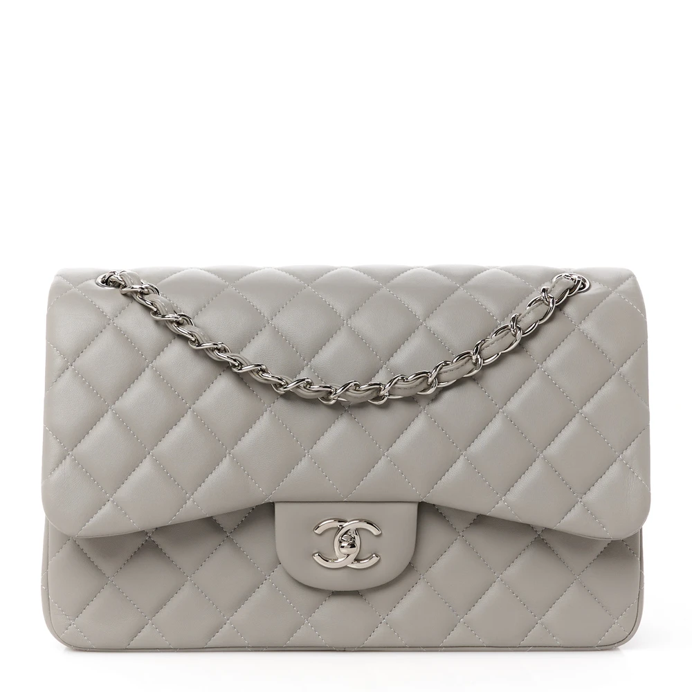 Lushentic Chanel Double Flap Jumbo Grey Quilted Lambskin Leather Silver Hardware Front