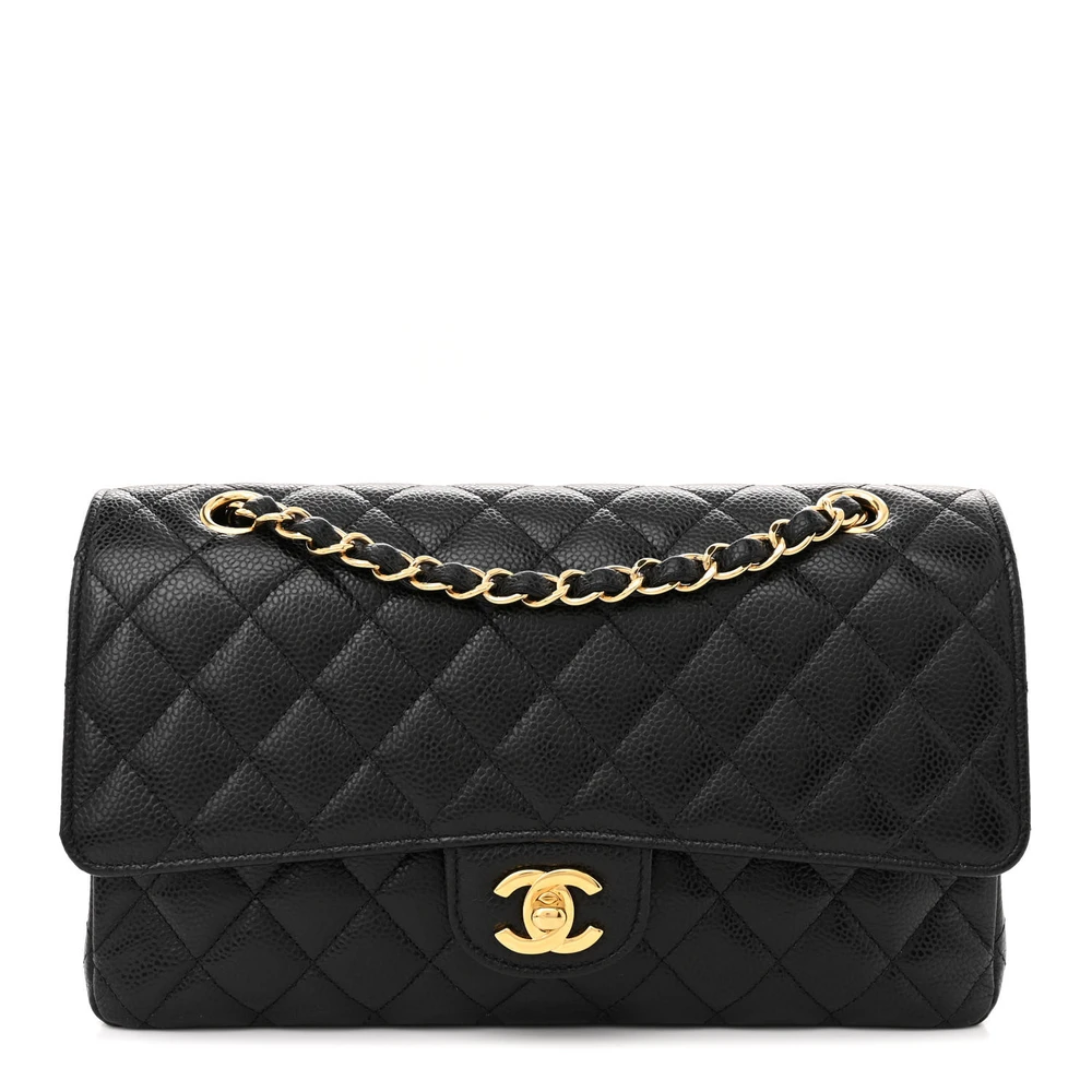 Lushentic Chanel Double Flap Medium Black Quilted Caviar Leather Gold Hardware Front