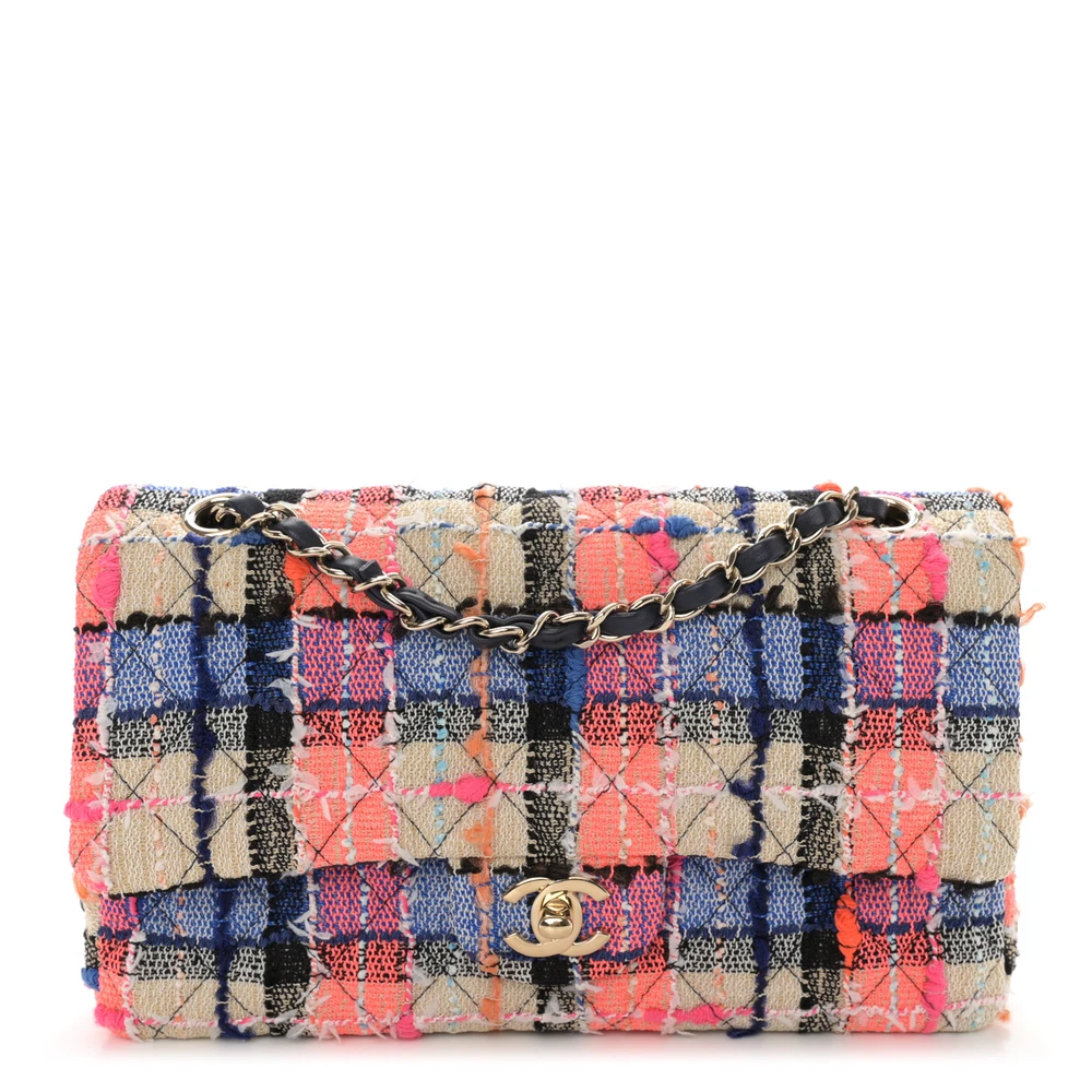 Lushentic Chanel Double Flap Medium BlueOrangeYellow Quilted Tweed Light Gold Hardware Front