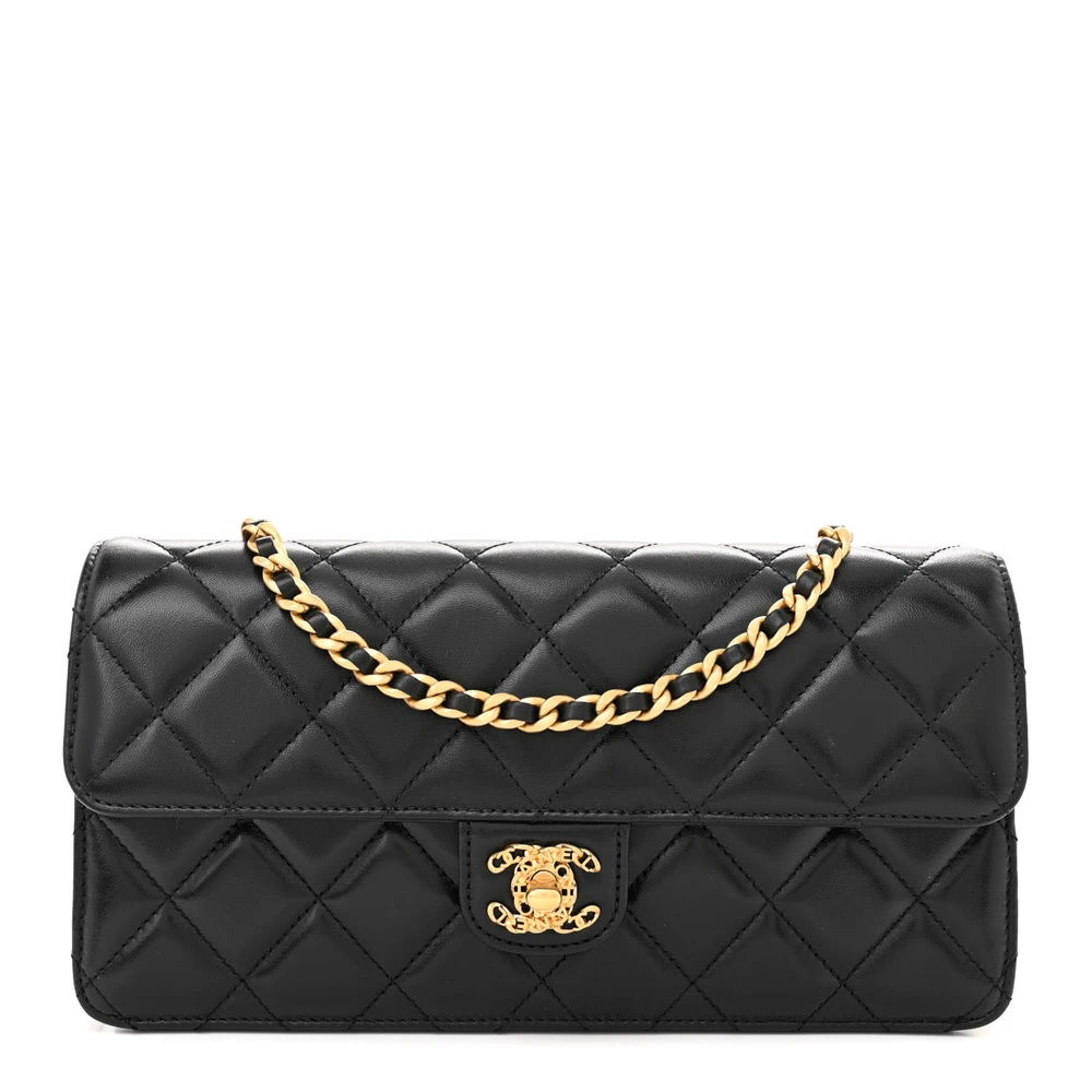 Lushentic Chanel Flap Clutch Small Black Quilted Shiny Lambskin Leather Gold Hardware Front