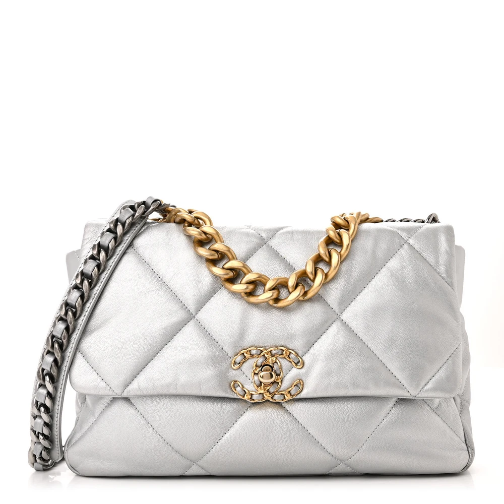Lushentic Chanel Flap Large Metallic Silver Chanel 19 Quilted Lambskin Leather Mixed Metal Hardware Front
