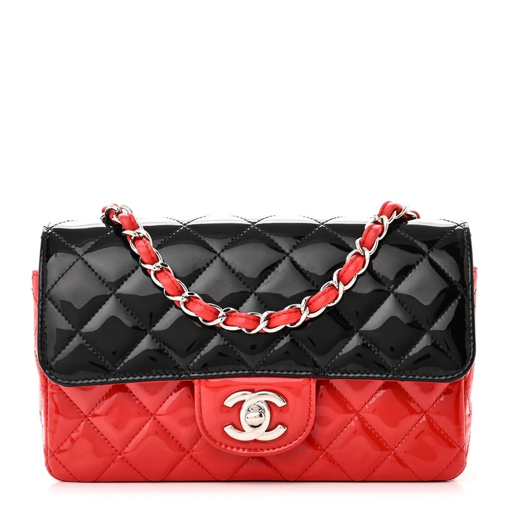 Lushentic Chanel Flap Mini Rectangular Bi-Color RedBlack Quilted Patent Calfskin Leather Silver Hardware Front