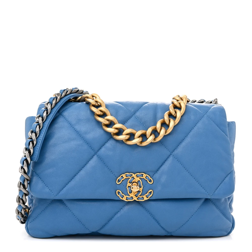Lushentic Chanel Large Blue Chanel 19 Flap Quilted Goatskin Leather Mixed Metal Hardware Front