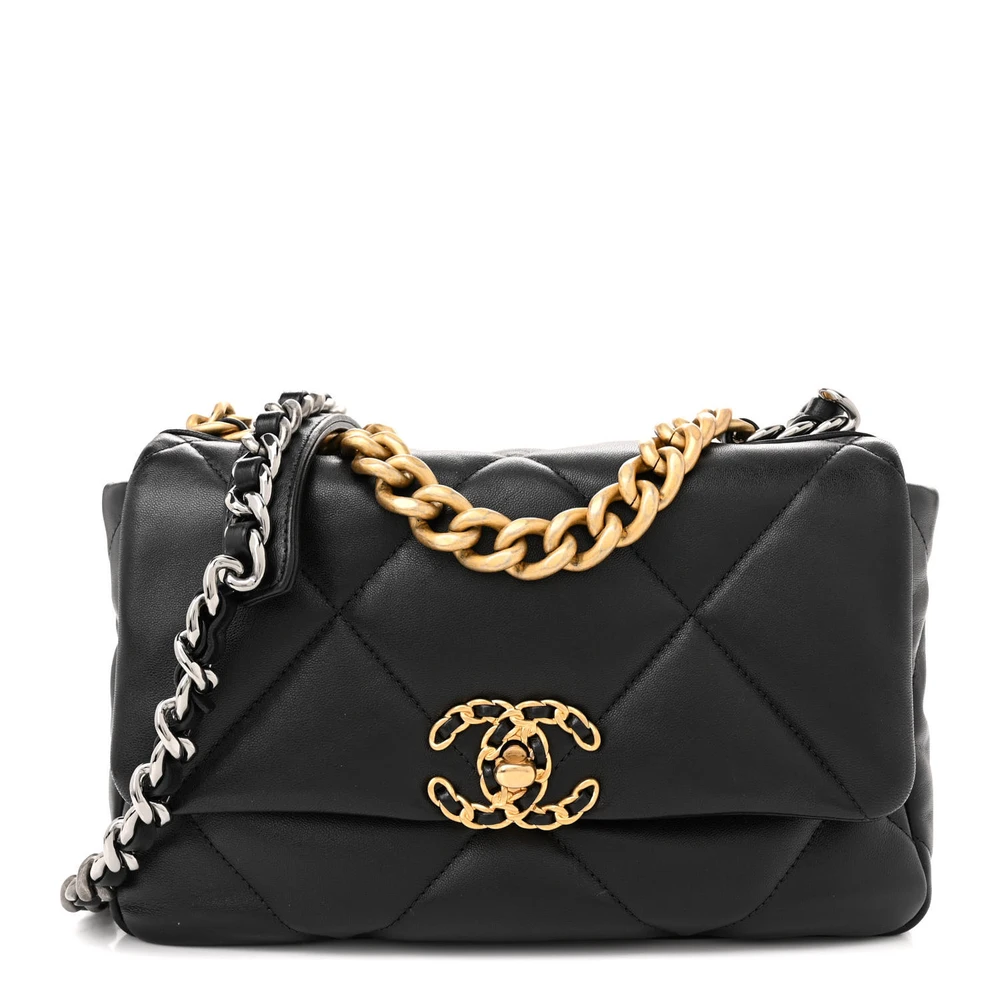Lushentic Chanel Medium Black Chanel 19 Flap Quilted Lambskin Leather Mixed Metal Hardware Front