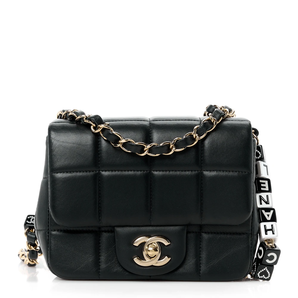Lushentic Chanel Monacoco Flap Square Mini Black Quilted Lambskin Leather Resin Crystal Gold Hardware Front