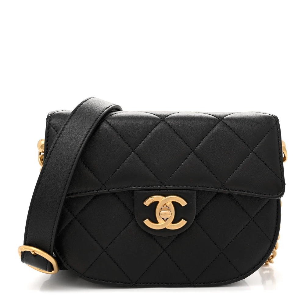 Lushentic Chanel Moon Messenger Bag Small Black Quilted Calfskin Leather Aged Gold Hardware Front