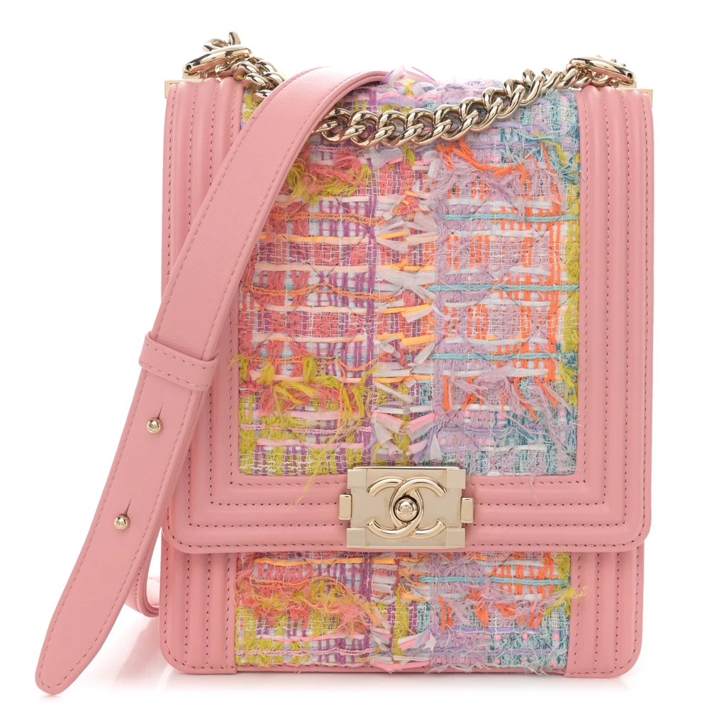 Lushentic Chanel North-South Boy Flap Medium Pink Tweed Quilted Calfskin Leather Light Gold Hardware Front