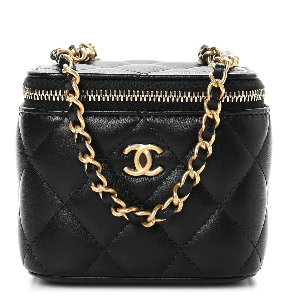 Lushentic Chanel Pearl Crush Vanity Case With Chain Mini Black Quilted Lambskin Leather Gold Hardware Front