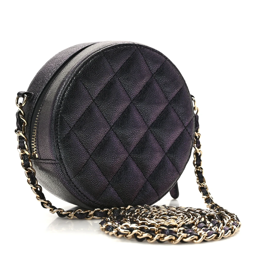 Lushentic Chanel Round Clutch With Chain Mini Black Quilted Caviar Leather Light Gold Hardware Front