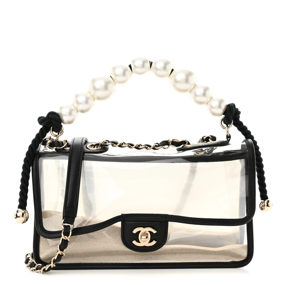 Lushentic Chanel Sand By The Sea Flap Small BlackWhite Lambskin Leather PVC With Pearl Strap Light Gold Hardware Front