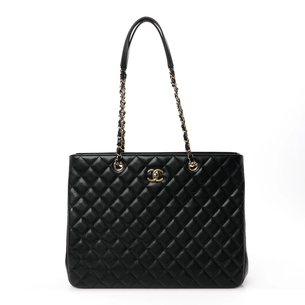 Lushentic Chanel Shopping Tote Large Black Quilted Caviar Leather Light Gold Hardware Front