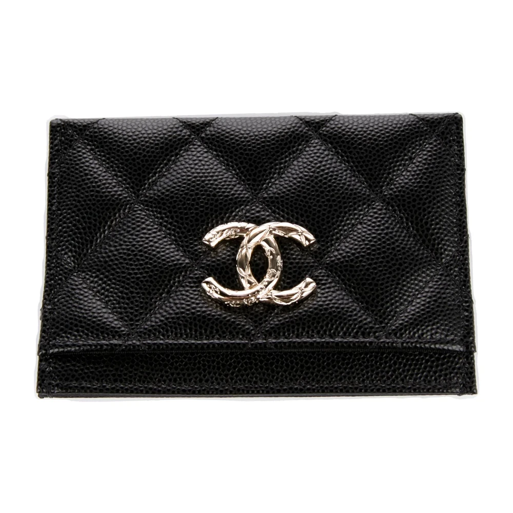 Lushentic Chanel Small Interlocking CC Logo Card Holder Black Lambskin Leather Gold Hardware
