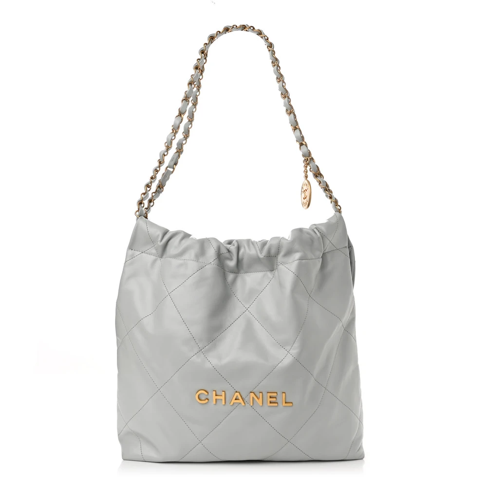 Lushentic Chanel Small Light Blue Chanel 22 Quilted Shiny Calfskin Leather Gold Hardware Front