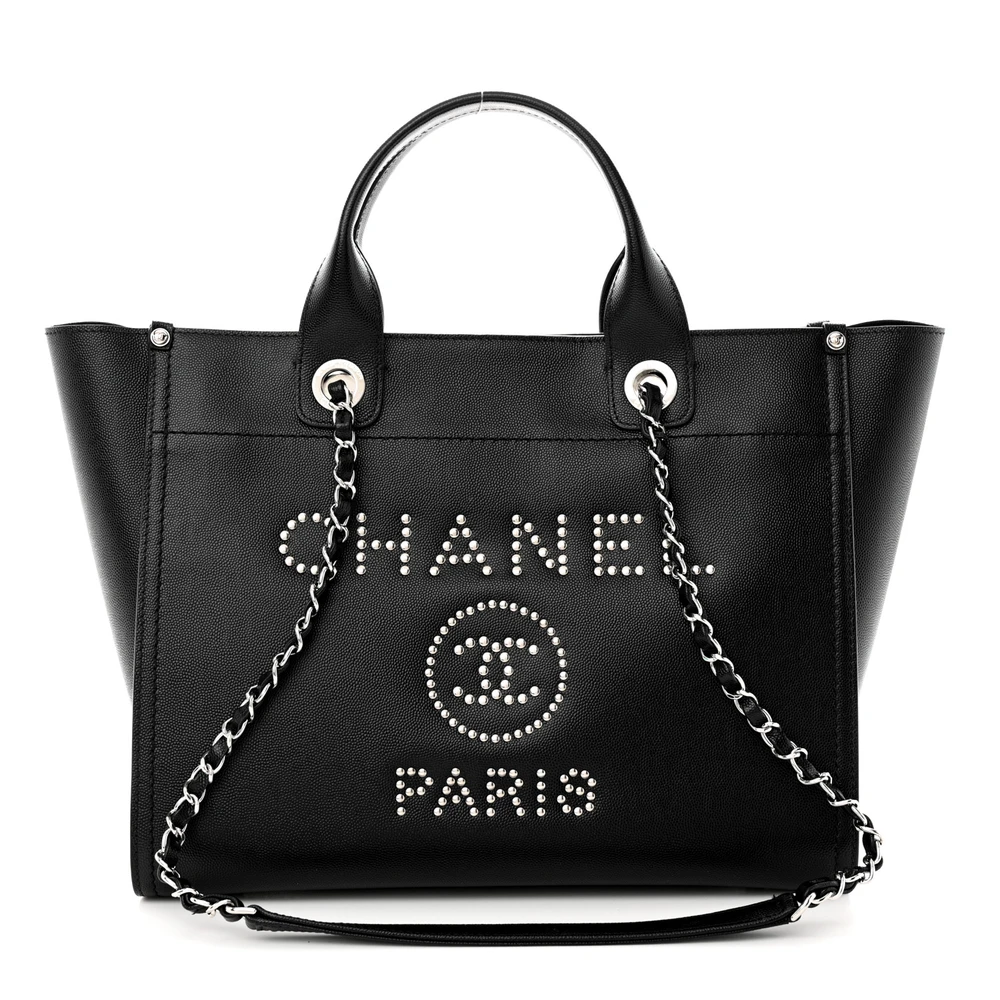 Lushentic Chanel Studded Deauville Tote Small Black Quilted Caviar Leather Silver Hardware Front