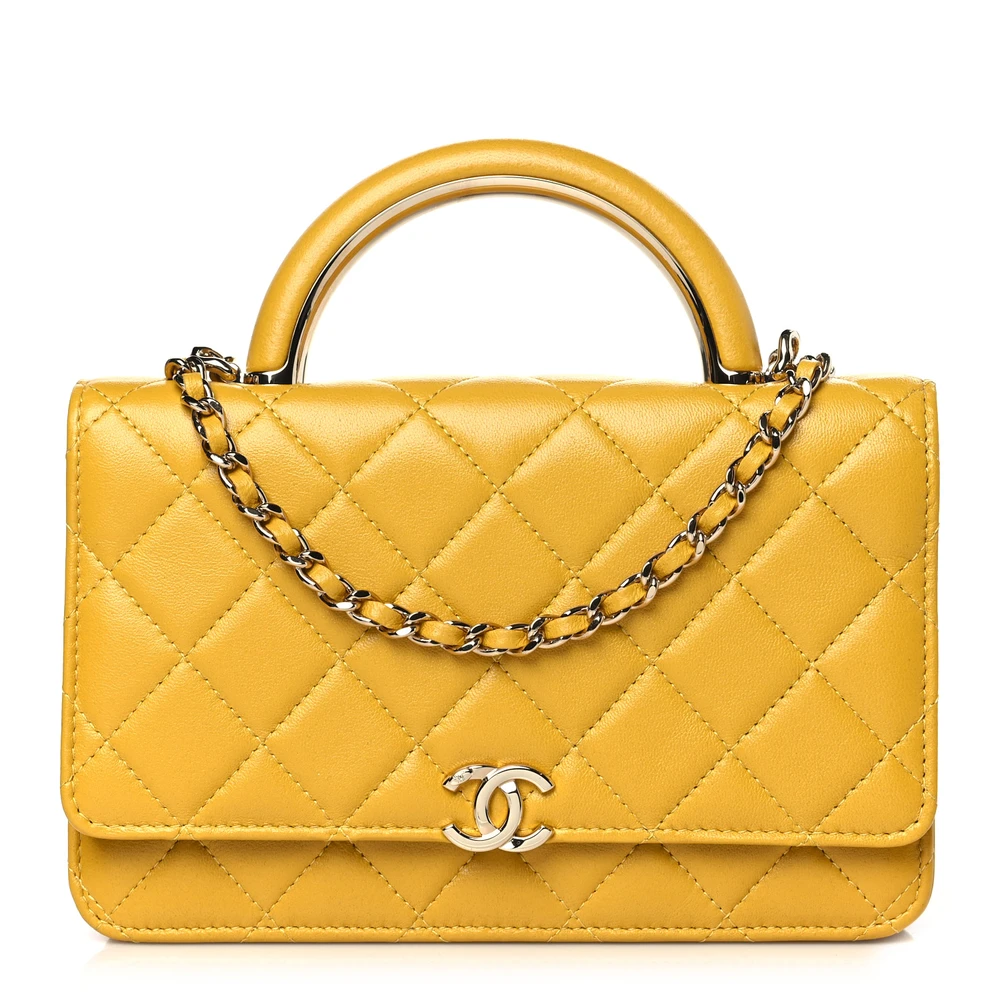 Lushentic Chanel Top Handle Wallet On Chain (WOC) Small Yellow Quilted Lambskin Leather Light Gold Hardware Front