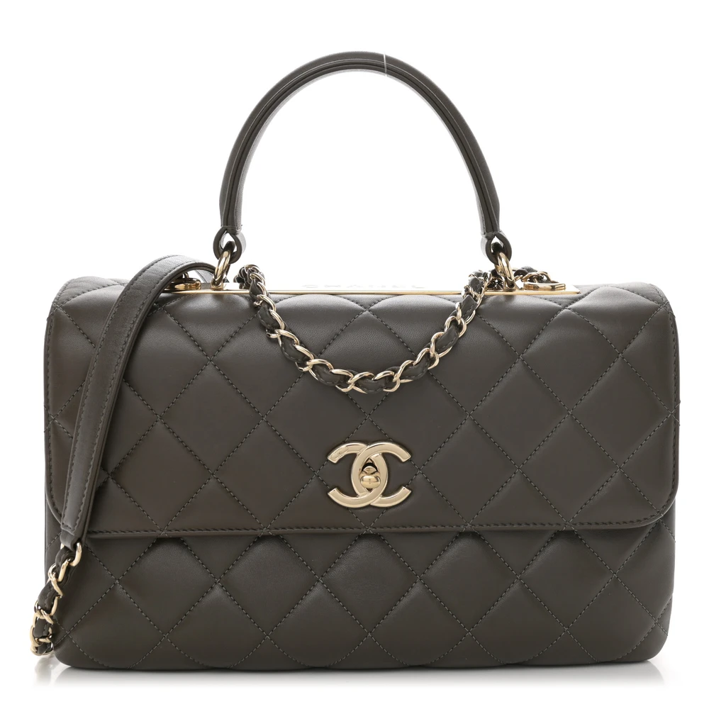 Lushentic Chanel Trendy CC Flap Medium Dark Khaki Quilted Lambskin Leather Dual Handle Light Gold Hardware Front