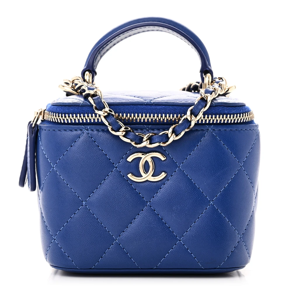 Lushentic Chanel Vanity Case With Chain Mini Blue Quilted Lambskin Leather Top Handle Silver Hardware Front