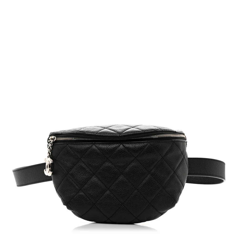 Lushentic Chanel Waist Belt Bag Small Black Quilted Grained Calfskin Leather Silver Hardware Front