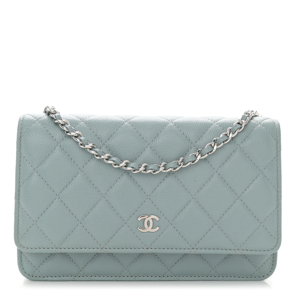 Lushentic Chanel Wallet On Chain (WOC) Small Light Blue Quilted Caviar Leather Silver Hardware Front