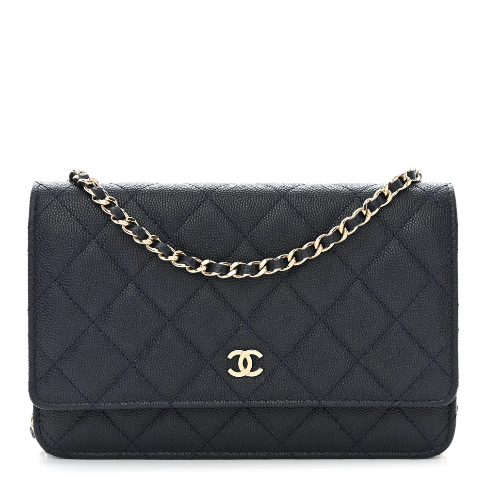 Lushentic Chanel Wallet On Chain (WOC) Small Navy Blue Quilted Caviar Leather Light Gold Hardware Front