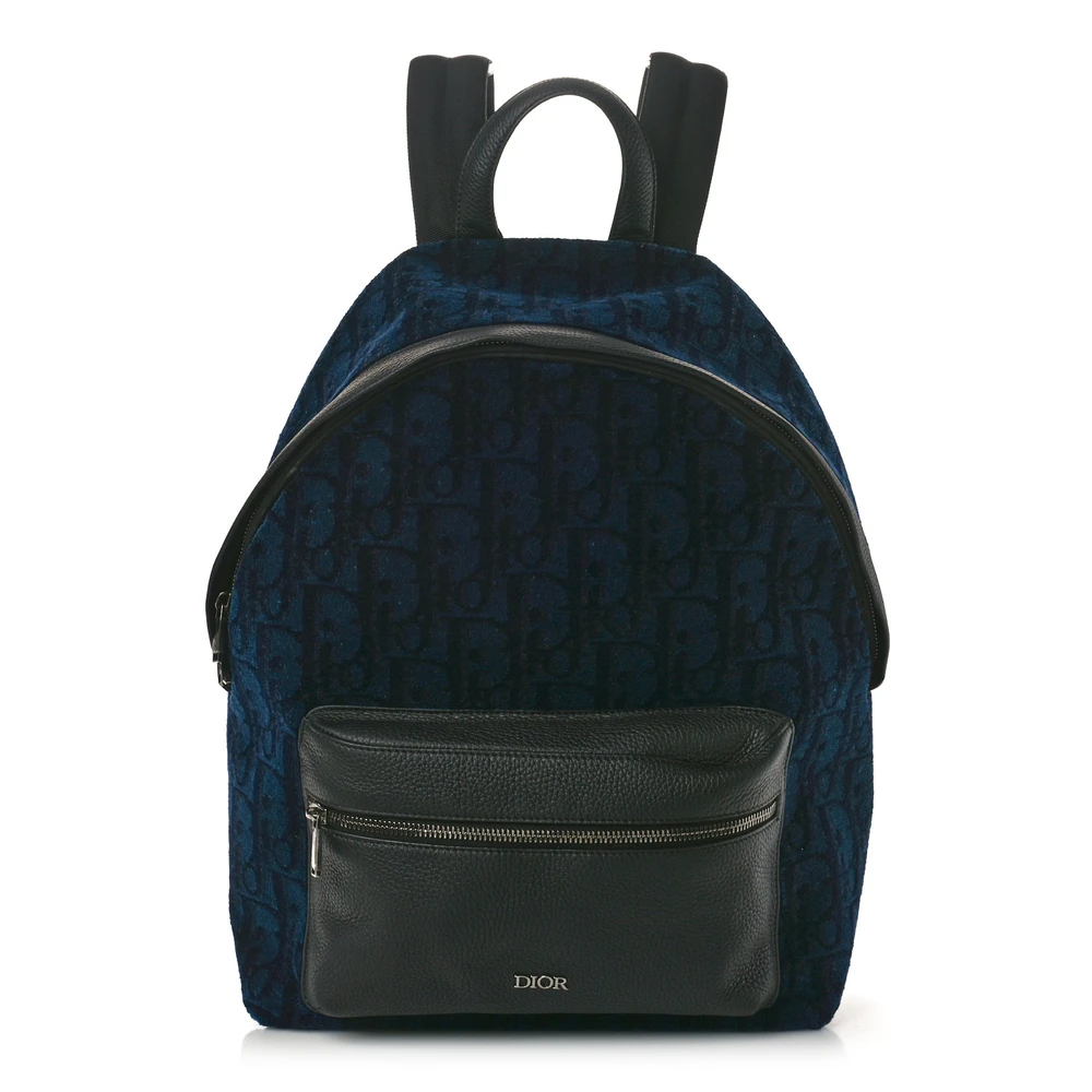 Lushentic Dior Large Backpack Navy Blue Oblique Velvet Calfskin Leather Silver Hardware Front