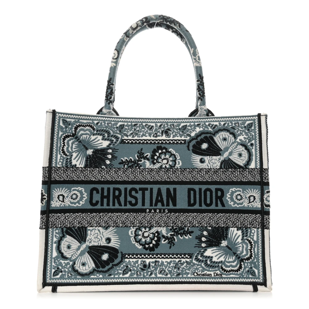 Lushentic Dior Medium Butterfly Bandana Book Tote BlackWhite Embroidered Canvas Front