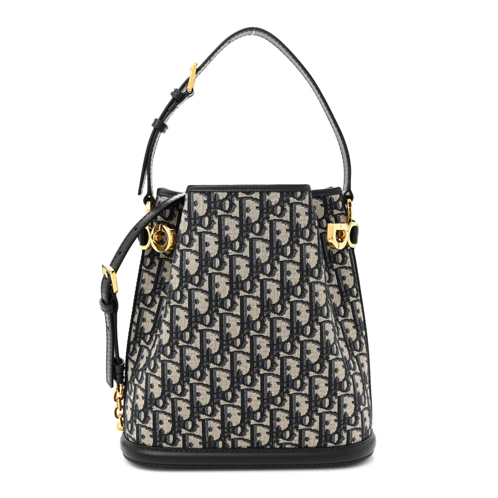Lushentic Dior Medium C_est Dior Bucket Bag Blue Oblique Canvas Cannage Calfskin Leather Gold Hardware Front