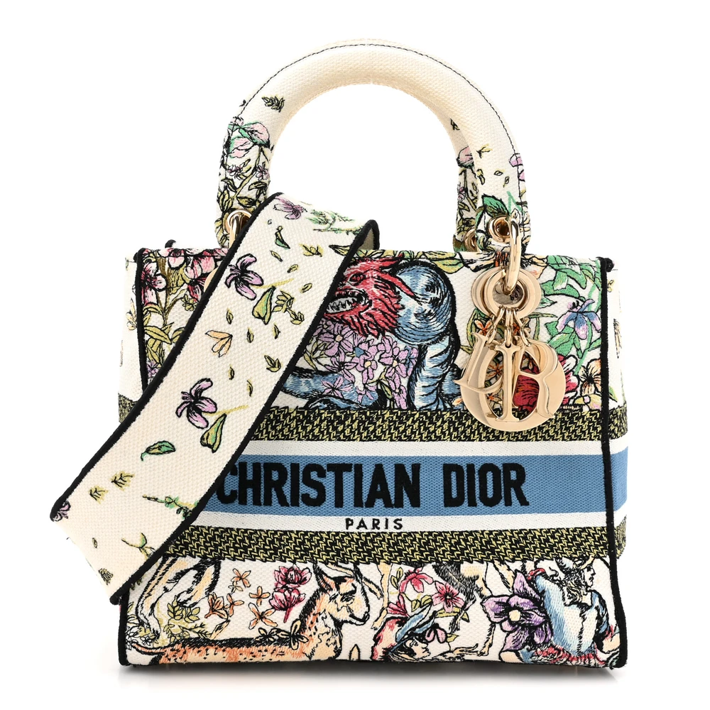 Lushentic Dior Medium D-Constellation Lady D-Lite Latte Multicolor Embroidered Canvas Gold Hardware Front
