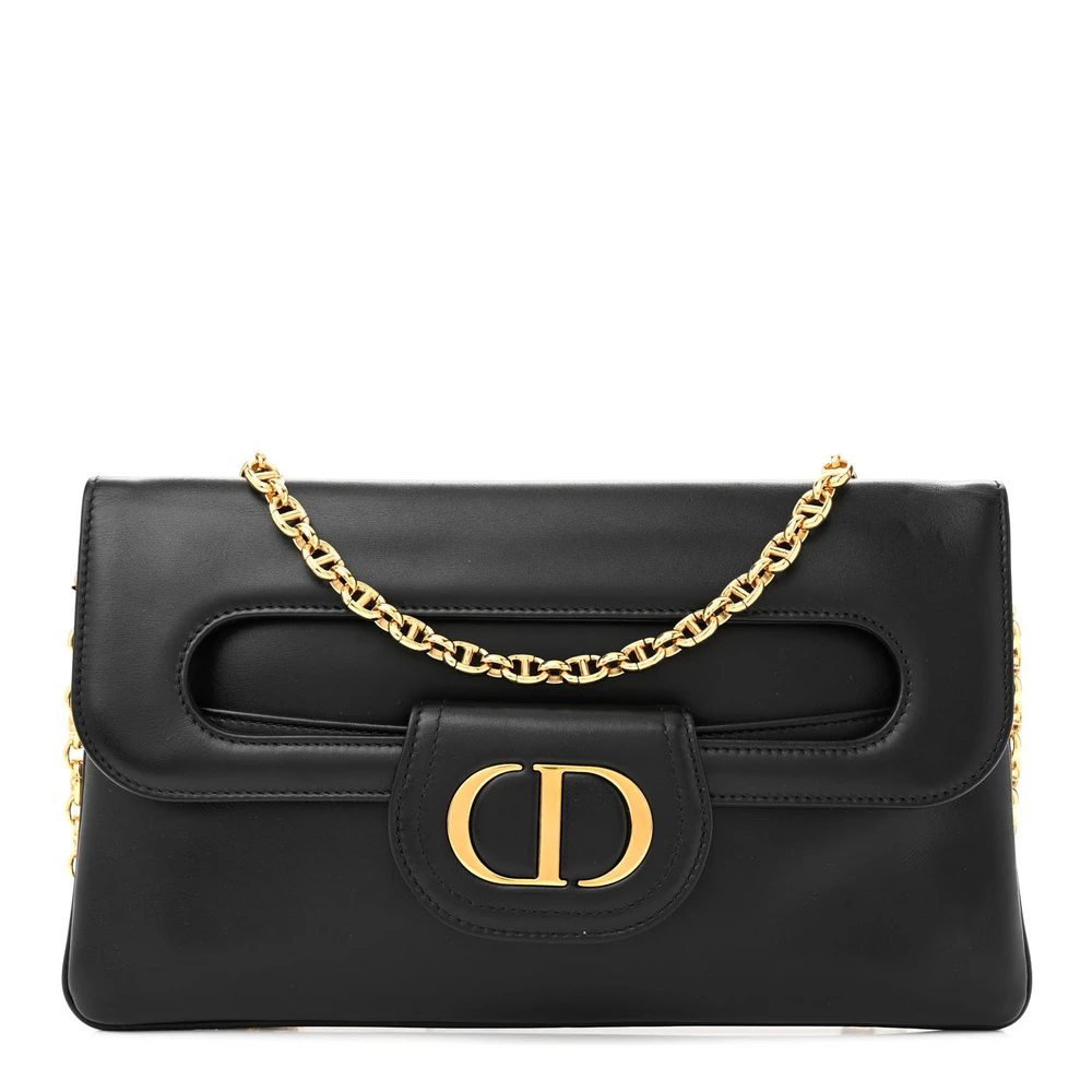Lushentic Dior Medium DiorDouble Chain Bag Black Smooth Calfskin Leather Gold Hardware Front