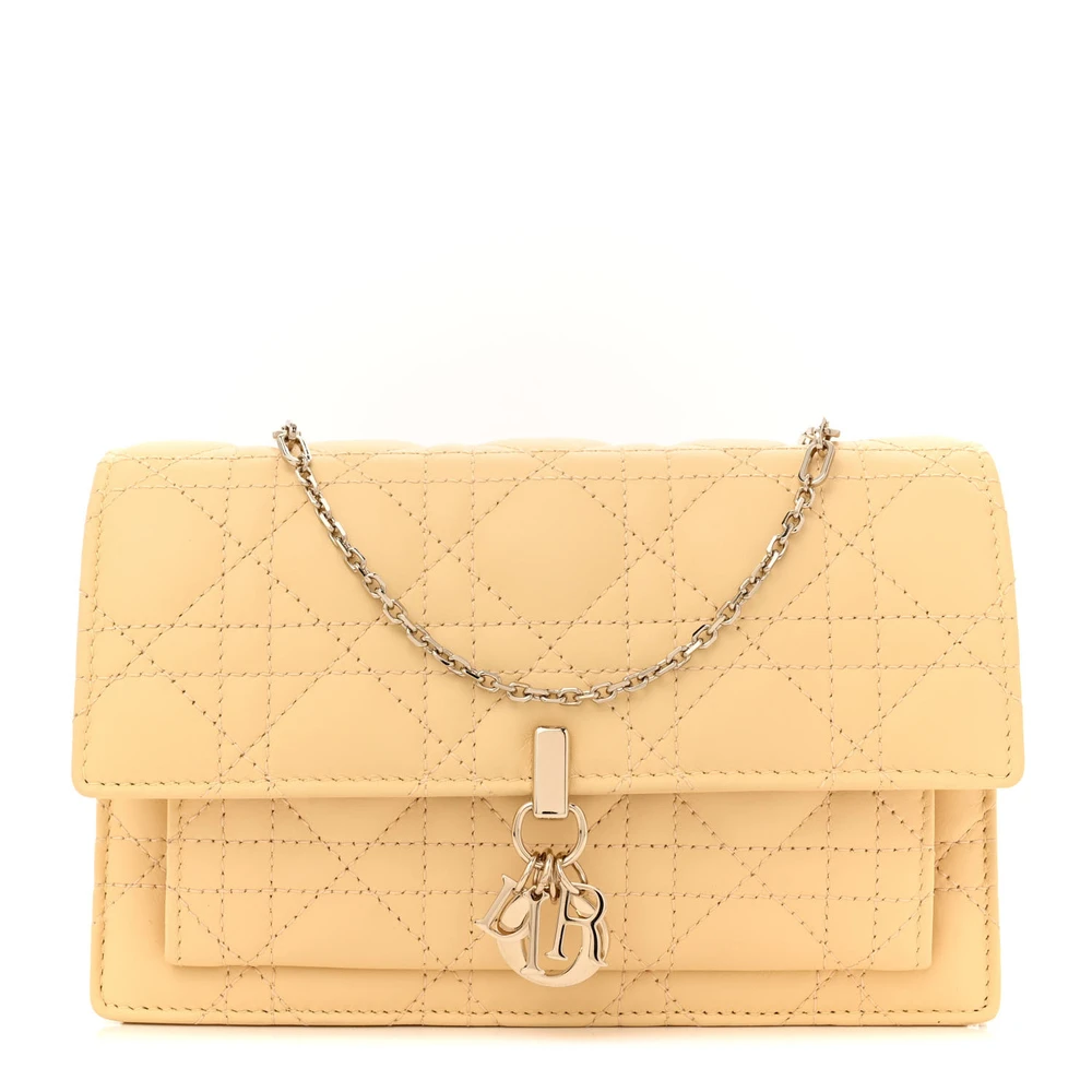 Lushentic Dior Medium Lady Dior Chain Pouch Soft Yellow Cannage Lambskin Leather Gold Hardware Front