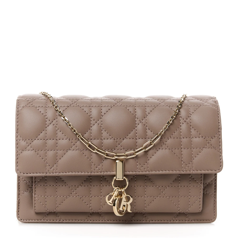 Lushentic Dior Medium Lady Dior Chain Pouch Warm Taupe Cannage Lambskin Leather Gold Hardware Front