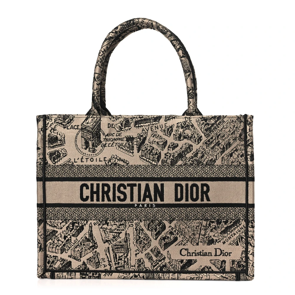 Lushentic Dior Medium Plan De Paris Book Tote BeigeBlack Embroidered Canvas Front