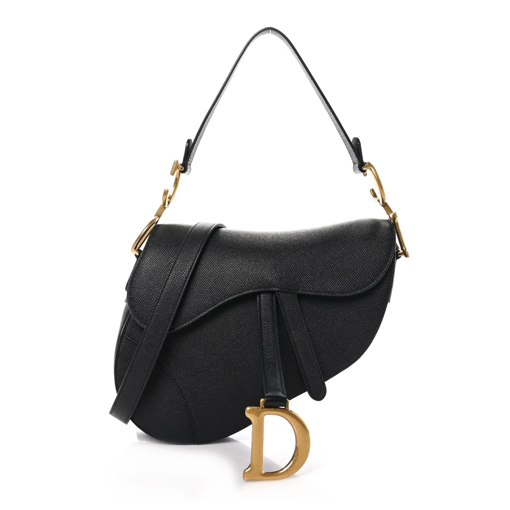 Lushentic Dior Medium Saddle Bag Black Grained Calfskin Leather Gold Hardware Front