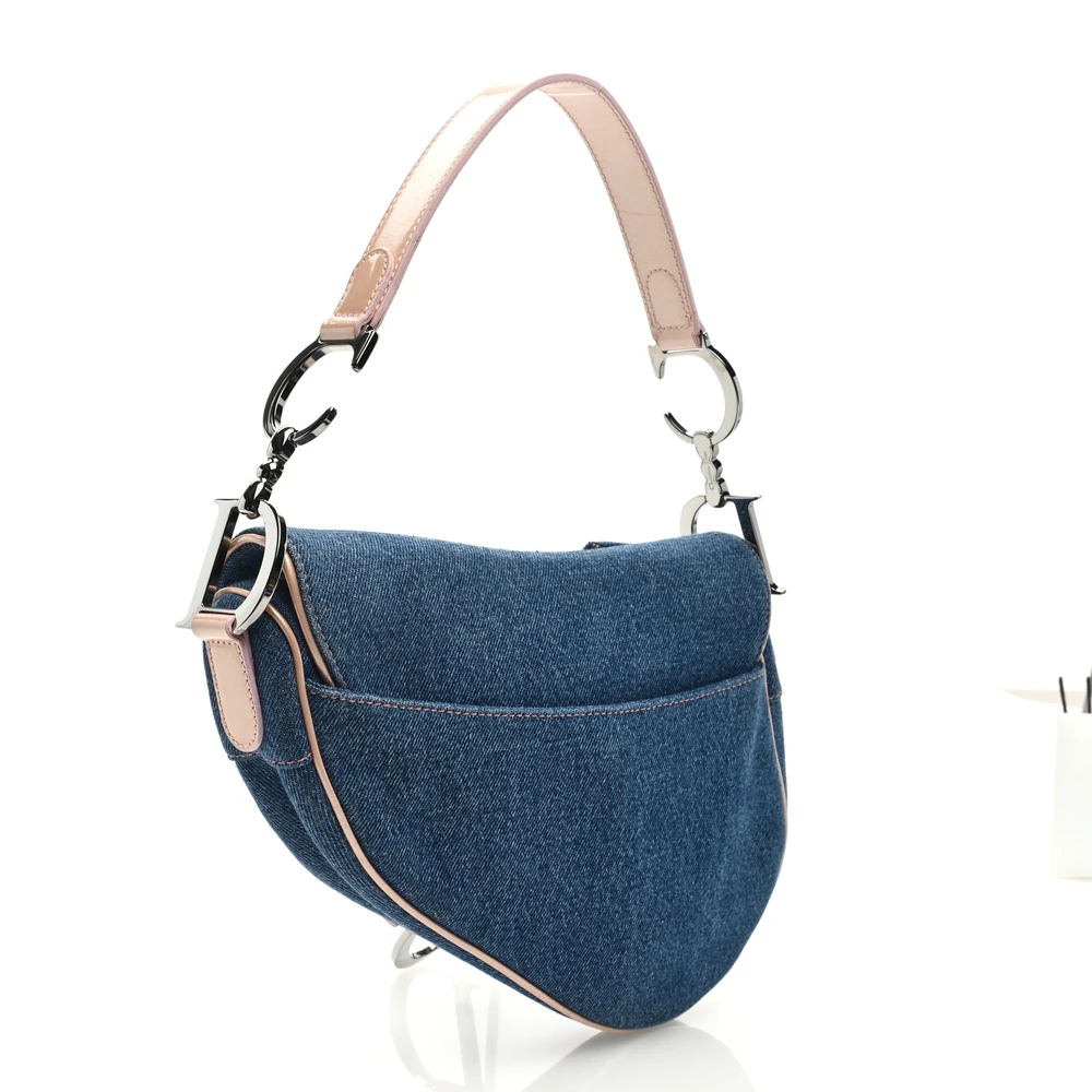 Lushentic Bags Medium Saddle Bag Blue Pink Patent Denim Silver Hardware - Image 3
