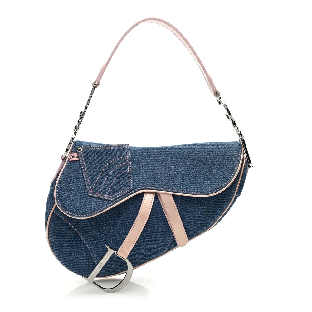 Lushentic Dior Medium Saddle Bag BluePink Patent Denim Jeans Silver Hardware Front