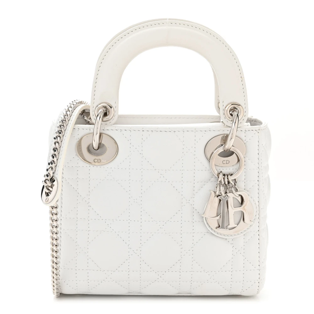 Lushentic Dior Mini Lady Dior White Lambskin Cannage Leather Silver Hardware Front