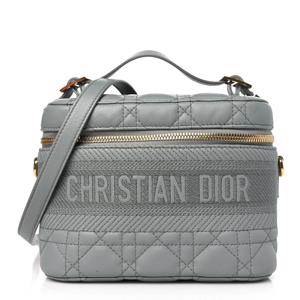 Lushentic Dior Small DiorTravel Vanity Case Grey Cannage Lambskin Leather Gold Hardware Front