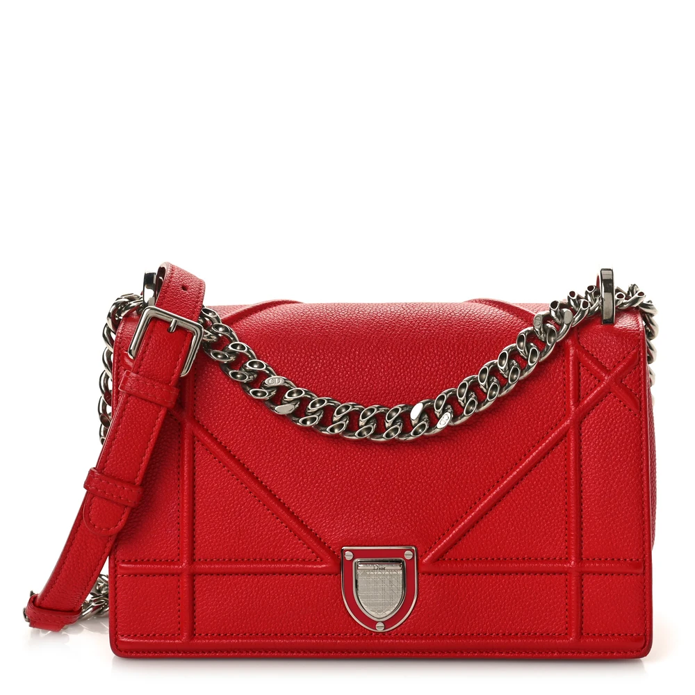 Lushentic Dior Small Diorama Flap Bag Red Grained Calfskin Leather Silver Hardware Front