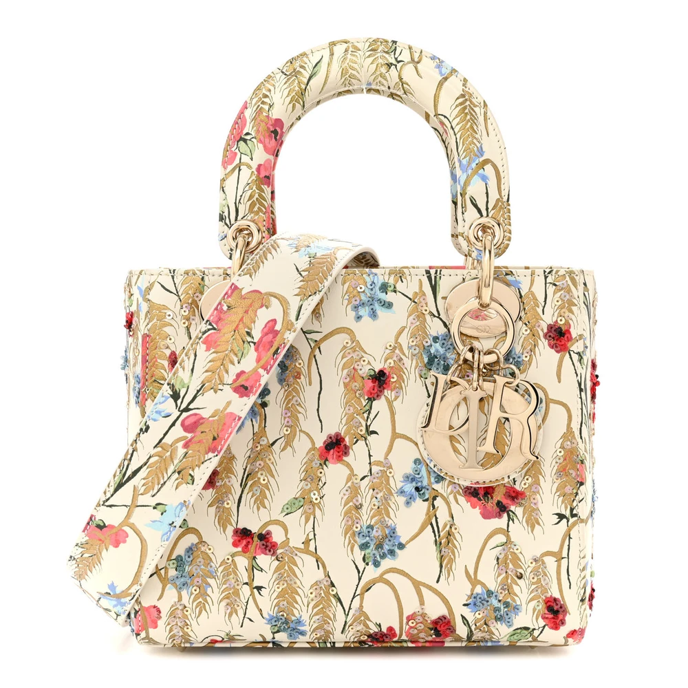 Lushentic Dior Small My ABCDior Lady Dior Beige Multicolor Hibiscus Printed Embroidered Calfskin Leather Gold Hardware Front