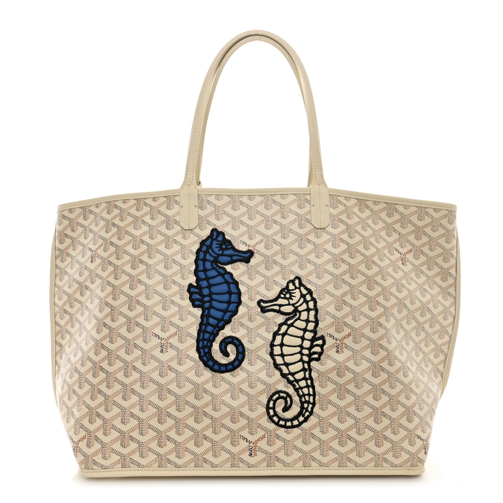 Lushentic Goyard Embroidered Seahorse Reversible Anjou Tote PM Sand Goyardine Canvas Front