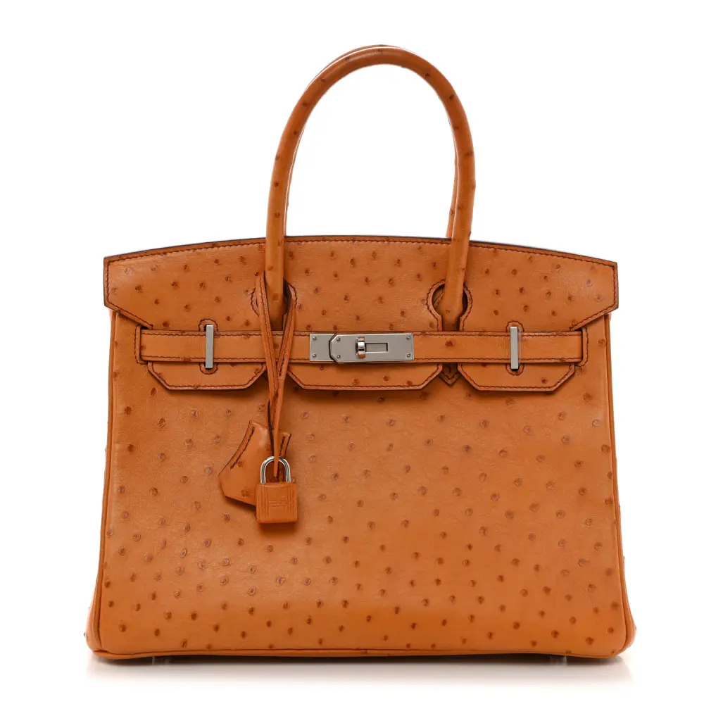 Lushentic Hermès Birkin 30 Cognac Ostrich Leather Palladium Hardware Front