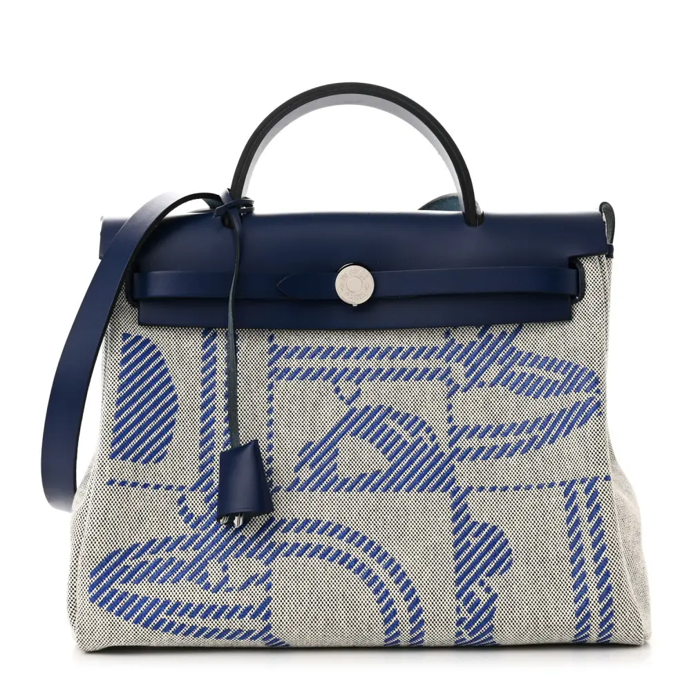 Lushentic Hermès Brides de Gala Herbag Zip Retourne 31 PM Bleu de France Ecru Black Vache Hunter Leather Toile H Palladium Silver Hardware Front